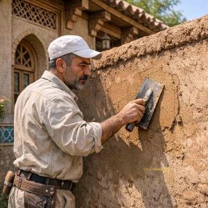 استادکار در حال اجرای کاهگل سنتی آماده زیمابان روی دیوار بیرونی ساختمان