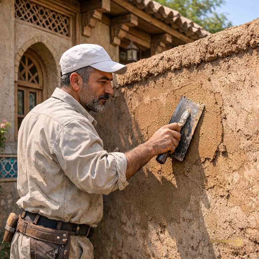 استادکار در حال اجرای کاهگل سنتی آماده زیمابان روی دیوار بیرونی ساختمان