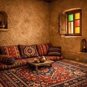 طراحی دکوراسیون سنتی خراسانی با دیوار کاهگلی و فرش دستباف مشه