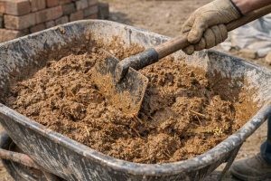 مخلوط کردن کاهگل سنتی آماده زیمابان در فرغون به عنوان ساده‌ترین روش آماده‌سازی