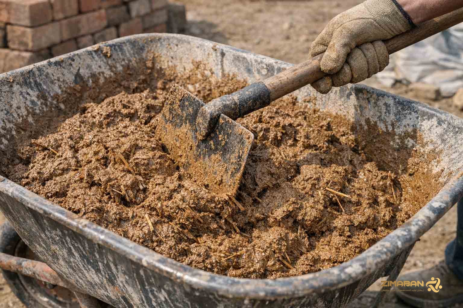 مخلوط کردن کاهگل سنتی آماده زیمابان در فرغون به عنوان ساده‌ترین روش آماده‌سازی